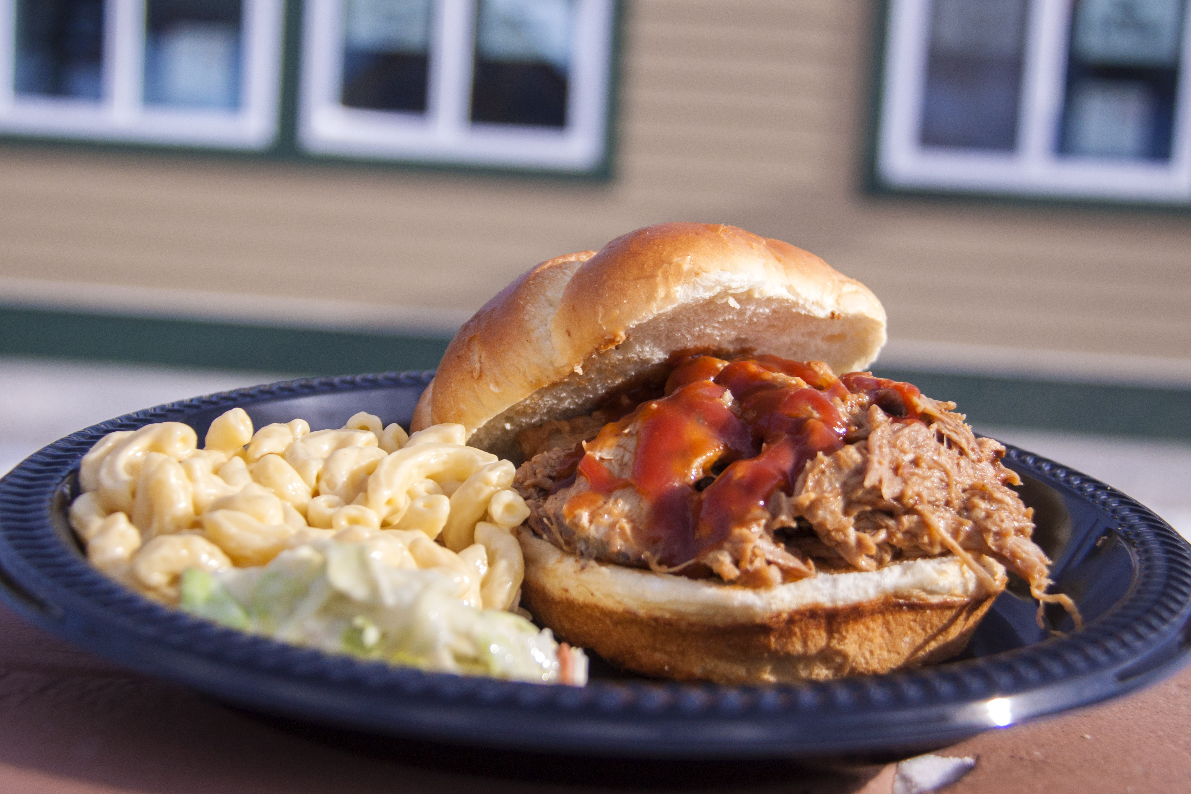 Pulled Pork Sandwich and Macaroni and Cheese at Outside Restaurant at Mount Snow
